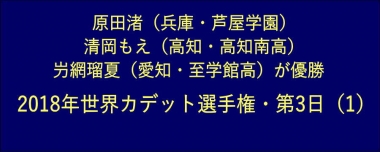 原田渚（兵庫・芦屋学園）清岡もえ（高知・高知南高）屶網瑠夏（愛知・至学館高）が優勝…2018年世界カデット選手権・第3日（1）