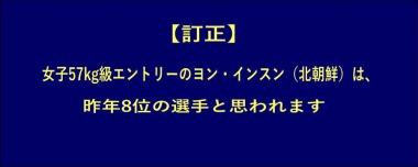 【訂正】女子57kg級エントリーのヨン・インスン（北朝鮮）は、昨年8位の選手と思われます