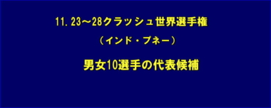 11.23～28クラッシュ世界選手権（インド・プネー）に男女10選手の代表候補